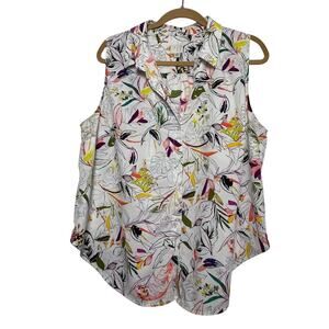 A New Day Floral Sleeveless Blouse Collared Button Up Tropical Whimsical Top XXL